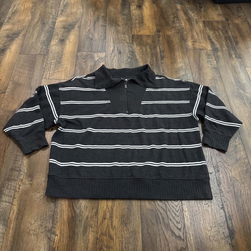 Maurices Striped Quarter‎ Zip Sweatshirt XXL Charcoal Gray White Pullover Fleece